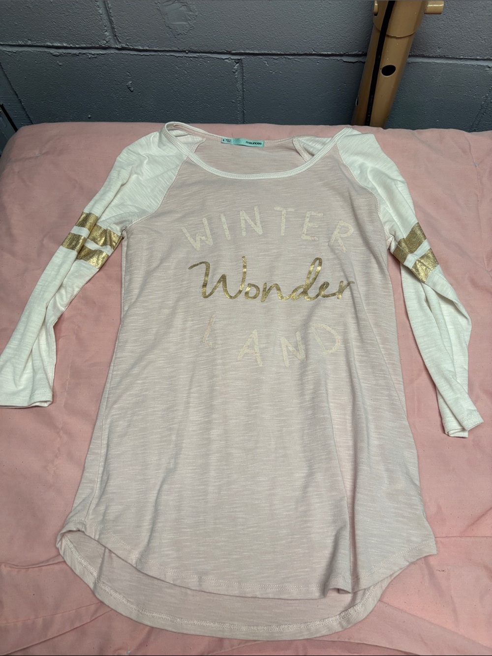 Maurices Pink and White 'Winter Wonderland' Raglan Top with Gold Accents